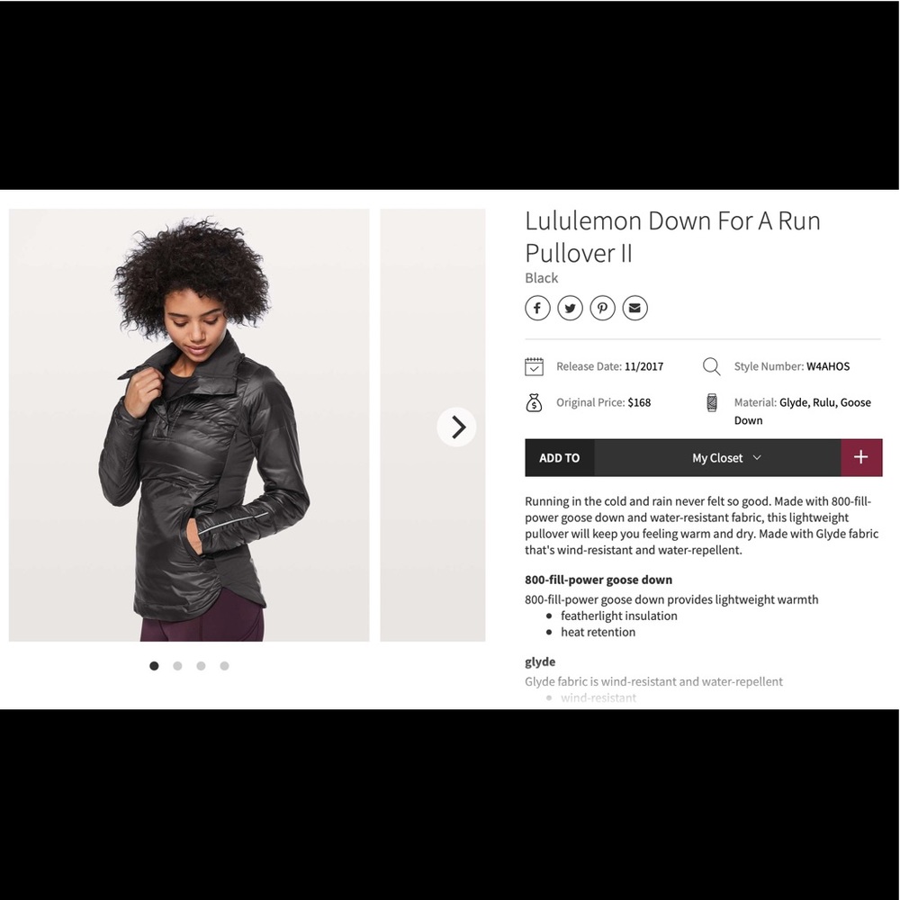 Lululemon Down for a Run Pullover II - Black - Size 8
